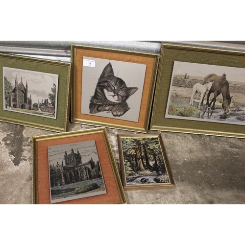 14 - A SMALL SELECTION OF FIVE FRAMED AND MOUNTED RETRO STYLE PAINTINGS ON TITANIUM PLATE - LARGEST OVERA... 