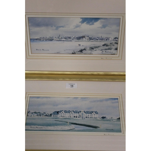 16 - TWO SIGNED DENIS PANNETT GOLFING PRINTS TOGETHER WITH THREE MODERN FRAMED AND GLAZED PAINTINGS / PRI... 