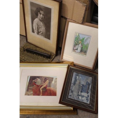 19 - A BOX OF ASSORTED PRINTS ETC. TO INCLUDE A BRASS WALL HANGING OF THE LORDS PRAYER, SIGNED PORTRAIT P... 