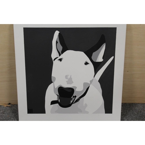 2 - THREE ASSORTED BULL TERRIER DOG PICTURES COMPRISING OF A FRAMED AND GLAZED OIL ON BOARD ENTITLED 'SW... 