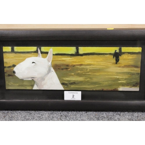 2 - THREE ASSORTED BULL TERRIER DOG PICTURES COMPRISING OF A FRAMED AND GLAZED OIL ON BOARD ENTITLED 'SW... 