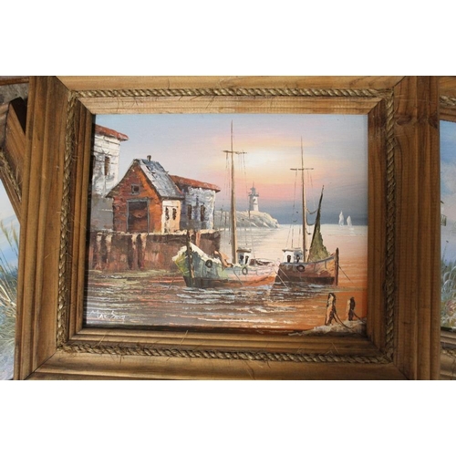 20 - A PAIR OF MODERN OIL ON CANVASES DEPICTING MOORED BOATS, TOGETHER WITH THREE OILS ON BOARDS OF SEASC... 