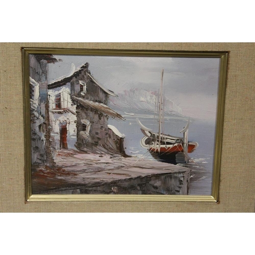 20 - A PAIR OF MODERN OIL ON CANVASES DEPICTING MOORED BOATS, TOGETHER WITH THREE OILS ON BOARDS OF SEASC... 