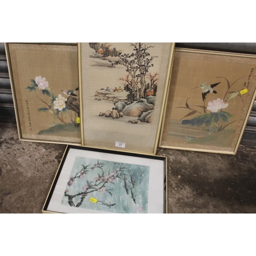 21 - THREE FRAMED AND GLAZED ORIENTAL WATERCOLOURS ON SILK, TOGETHER WITH A SIMILAR PRINT (4)