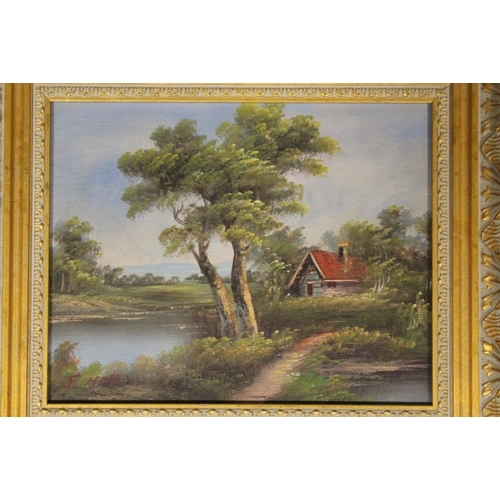 22 - AN ANTIQUE GILT FRAMED AND GLAZED OIL ON BOARD OF A COUNTRY LANDSCAPE WITH COTTAGE, TOGETHER WITH TW... 