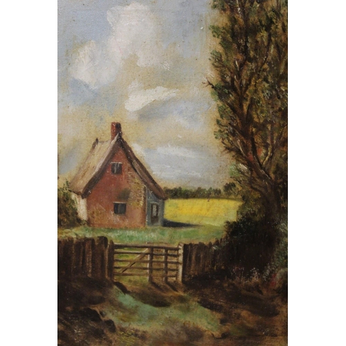 22 - AN ANTIQUE GILT FRAMED AND GLAZED OIL ON BOARD OF A COUNTRY LANDSCAPE WITH COTTAGE, TOGETHER WITH TW... 