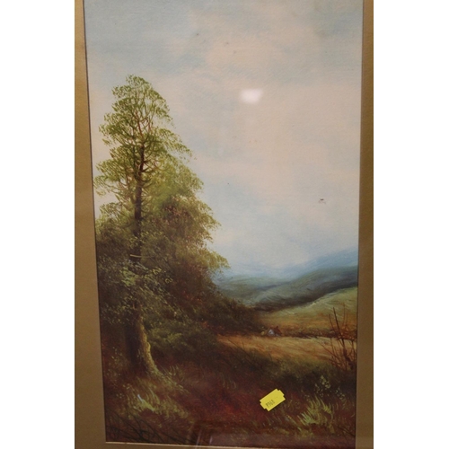 22 - AN ANTIQUE GILT FRAMED AND GLAZED OIL ON BOARD OF A COUNTRY LANDSCAPE WITH COTTAGE, TOGETHER WITH TW... 