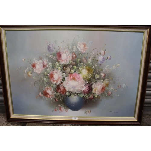 25 - A LARGE FAMED OIL ON CANVAS STILL LIFE STUDY OF FLOWERS IN A VASE SIGNED ABRAMSON LOWER RIGHT PICTUR... 