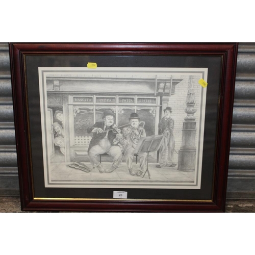 26 - A FRAMED AND GLAZED LAUREL AND HARDY PRINT PICTURE SIZE - 43CM X 33CM