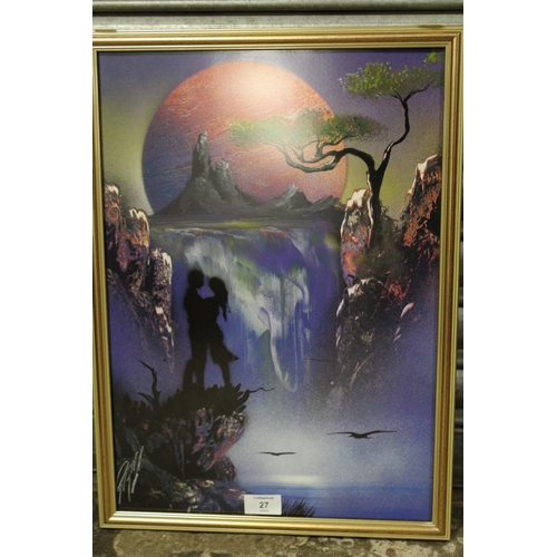 27 - A MODERN FRAMED AND GLAZED MIXED MEDIA PICTURE OF A COUPLE ROMANCING BEFORE A WATERFALL INDISTINCTLY... 