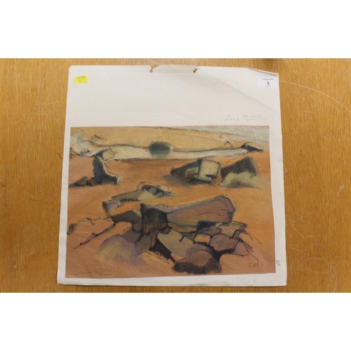 3 - AN UNFRAMED MOUNTED MIXED MEDIA ON PAPER OF A ROCKY BEACH SCENE IN THE STYLE OF HENRY MOORE PICTURE ... 