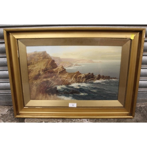 30 - A FRAMED AND GLAZED WATERCOLOUR OF A COASTAL SCENE ENTITLED 'COAST AT THE TORRS ILFRACOMBE' BY J SHA... 