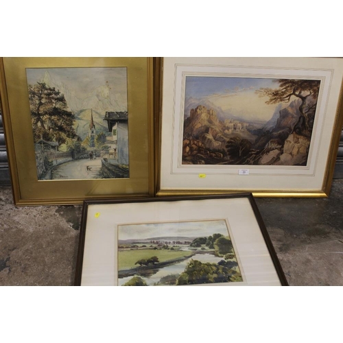 31 - THREE FRAMED AND GLAZED WATERCOLOURS COMPRISING OF A ROCKY LANDSCAPE WITH BUILDINGS, A COUNTRY RIVER... 