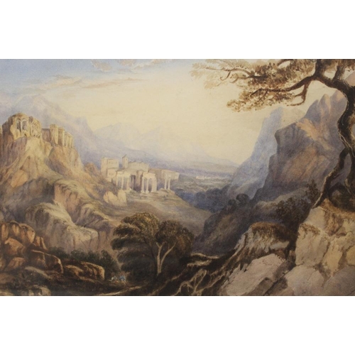 31 - THREE FRAMED AND GLAZED WATERCOLOURS COMPRISING OF A ROCKY LANDSCAPE WITH BUILDINGS, A COUNTRY RIVER... 