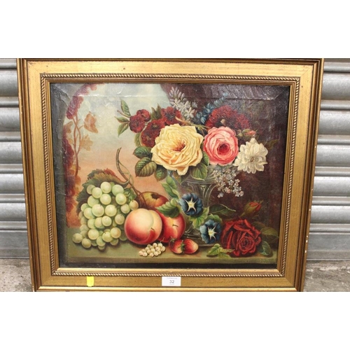 32 - AN ANTIQUE OIL ON CANVAS STILL LIFE STUDY OF FRUIT AND FLOWERS INDISTINCTLY SIGNED AND DATED LOWER R... 