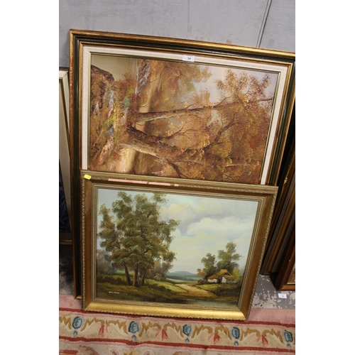 34 - A QUANTITY OF ASSORTED PICTURES AND PRINTS TO INCLUDE TWO LARGE OIL ON CANVASES SIGNED CAFEIRI AND W... 