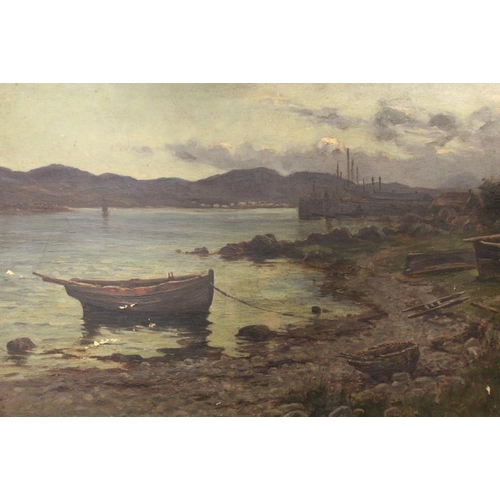 35 - AN ANTIQUE UNFRAMED OIL ON CANVAS OF A SHORELINE SCENE WITH MOORED BOATS SIGNED ALEX LAWSON? LOWER L... 