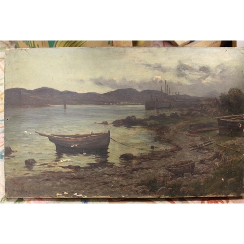 35 - AN ANTIQUE UNFRAMED OIL ON CANVAS OF A SHORELINE SCENE WITH MOORED BOATS SIGNED ALEX LAWSON? LOWER L... 