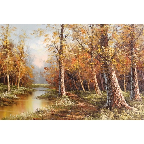 38 - THREE MODERN IMPRESSIONIST OIL ON CANVAS PAINTINGS TO INCLUDE A WOODED RIVER LANDSCAPE - 60 X 90CM (... 