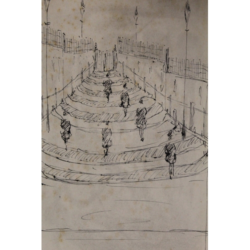 4 - AN UNFRAMED MOUNTED PEN AND INK SKETCH OF A STREET SCENE IN THE STYLE OF L. S LOWRY PICTURE SIZE - 2... 