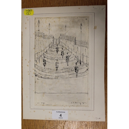 4 - AN UNFRAMED MOUNTED PEN AND INK SKETCH OF A STREET SCENE IN THE STYLE OF L. S LOWRY PICTURE SIZE - 2... 