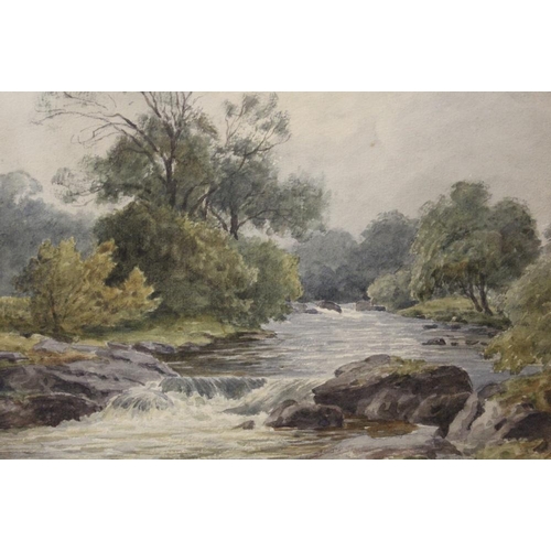 42 - A FRAMED AND GLAZED WATERCOLOUR OF A COUNTRY RIVER SCENE SIGNED JAMES HERON LOWER RIGHT - 21 X 26 CM