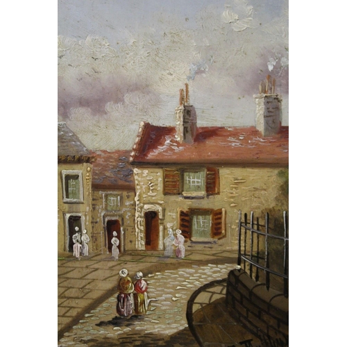 43 - A PAIR OF FRAMED OILS ON PANEL DEPICTING STREET SCENES WITH FIGURES SIGNED TH MUTTLINGS ? - 21 X 15.... 