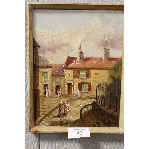 43 - A PAIR OF FRAMED OILS ON PANEL DEPICTING STREET SCENES WITH FIGURES SIGNED TH MUTTLINGS ? - 21 X 15.... 