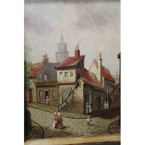 43 - A PAIR OF FRAMED OILS ON PANEL DEPICTING STREET SCENES WITH FIGURES SIGNED TH MUTTLINGS ? - 21 X 15.... 