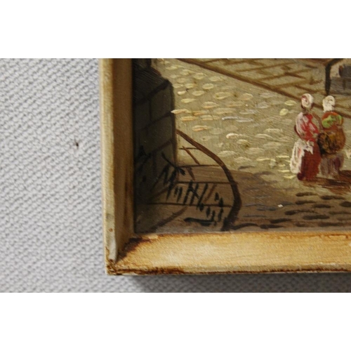 43 - A PAIR OF FRAMED OILS ON PANEL DEPICTING STREET SCENES WITH FIGURES SIGNED TH MUTTLINGS ? - 21 X 15.... 