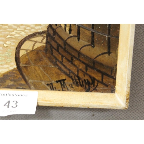 43 - A PAIR OF FRAMED OILS ON PANEL DEPICTING STREET SCENES WITH FIGURES SIGNED TH MUTTLINGS ? - 21 X 15.... 