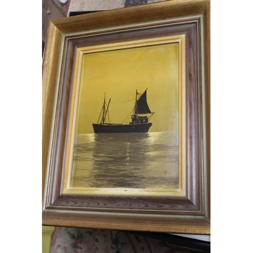 45 - A COLLECTION OF PICTURES AND PRINTS TO INCLUDE A PAIR OF MARITIME OIL ON CANVAS ETC., TOGETHER WITH ... 