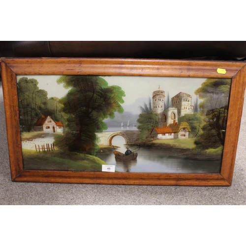 46 - A ANTIQUE REVERSE PAINTING ON GLASS OF A RIVER SCENE IN SATINWOOD VENEER FRAME - 28 X 60 CM