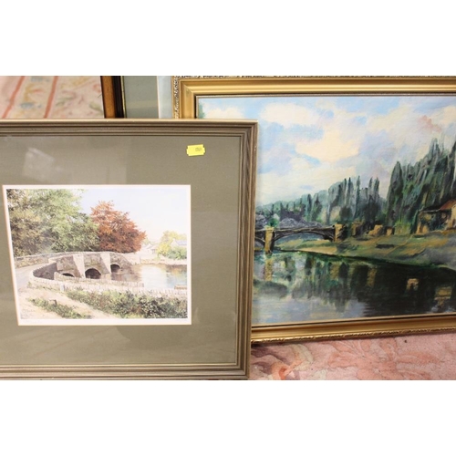 8 - A COLLECTION OF PICTURES AND PRINTS TO INCLUDE AN OIL ON BOARD OF A COUNTRY BRIDGE SIGNED GEORGES, T... 