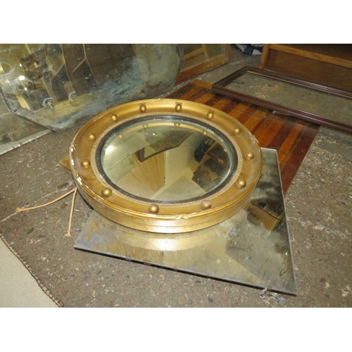 52 - A BOX OF ASSORTED VINTAGE MIRRORS ETC TO INCLUDE A SMALL CIRCULAR CONVEX EXAMPLE DIA 34 CM