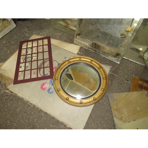 52 - A BOX OF ASSORTED VINTAGE MIRRORS ETC TO INCLUDE A SMALL CIRCULAR CONVEX EXAMPLE DIA 34 CM