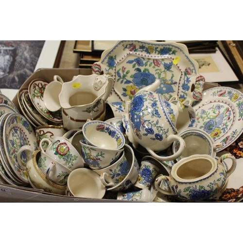 64 - A TRAY OF MASONS REGENCY AND OTHER CHINA TO INCLUDE A TEAPOT