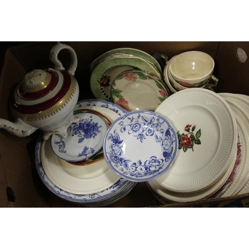 99 - THREE TRAYS OF ASSORTED CERAMICS TO INCLUDE BLUE AND WHITE STORAGE JARS, PROFILE PLAQUES ETC. (PLAST... 