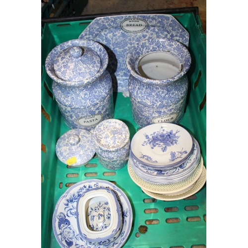 99 - THREE TRAYS OF ASSORTED CERAMICS TO INCLUDE BLUE AND WHITE STORAGE JARS, PROFILE PLAQUES ETC. (PLAST... 