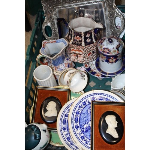 99 - THREE TRAYS OF ASSORTED CERAMICS TO INCLUDE BLUE AND WHITE STORAGE JARS, PROFILE PLAQUES ETC. (PLAST... 