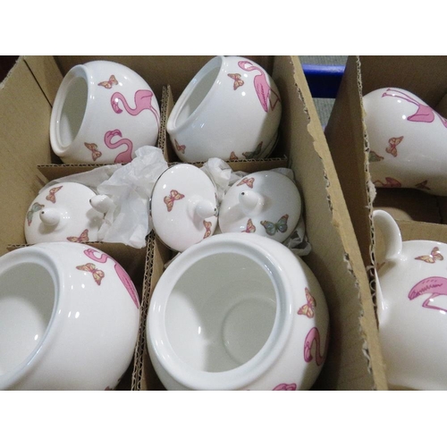 101 - A QUANTITY OF BOXED DENISE O'SULLIVAN CERAMIC FLAMINGO PATTERN JUGS AND SUGAR BOWLS