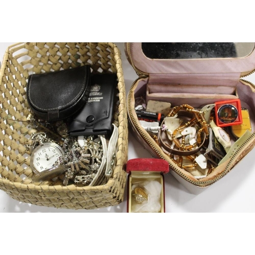 326 - A BOX OF COSTUME JEWELLERY TO INCLUDE A MODERN POCKET WATCH, BROOCHES ETC.