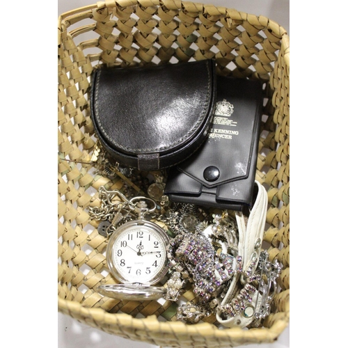 326 - A BOX OF COSTUME JEWELLERY TO INCLUDE A MODERN POCKET WATCH, BROOCHES ETC.