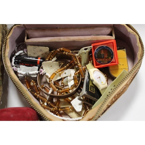 326 - A BOX OF COSTUME JEWELLERY TO INCLUDE A MODERN POCKET WATCH, BROOCHES ETC.