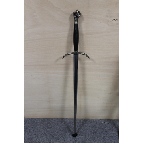 329 - A MODERN REPRODUCTION SWORD WITH MARBLE IN CLAW HANDLE, OVERALL LENGTH 107 CM