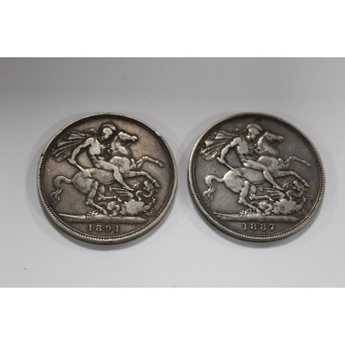 331 - TWO VICTORIAN SILVER CROWN COINS, DATED 1891 AND 1887