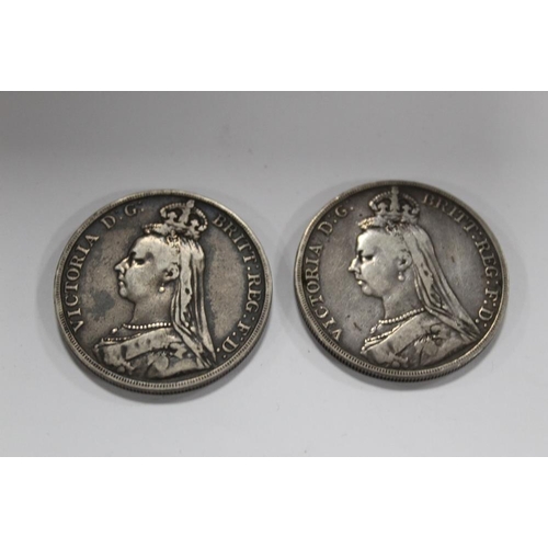 331 - TWO VICTORIAN SILVER CROWN COINS, DATED 1891 AND 1887