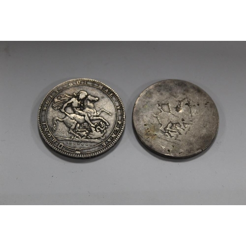 332 - A GEORGE III 1819 SILVER CROWN, TOGETHER WITH ANOTHER, THE LATTER BADLY RUBBED (2)