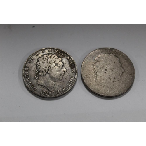 332 - A GEORGE III 1819 SILVER CROWN, TOGETHER WITH ANOTHER, THE LATTER BADLY RUBBED (2)