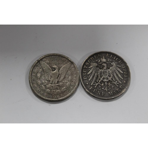 334 - A DEUTSCHES REICH 1903 FUNF MARK TOGETHER WITH A 1900 SILVER DOLLAR COIN